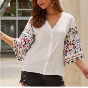 Women’s‎ Loose Embroidered Blouse w/ 3/4 sleeves- button up blouse